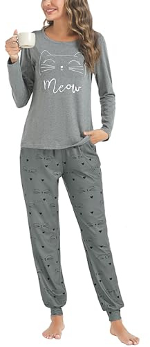 Sykooria Pigiama Donna Invernale Pigiama Donna Cotone Leggero Pigiama Lungo Donna Caldo Pantaloni Lunghi Casual con Tasca e Top con Motivo a Carino Due Pezzi Grigio Scuro M
