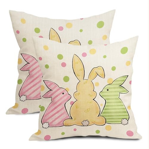 aportt Osterhasen-Kissenbezüge, 40,6 x 40,6 cm, Set mit 2 Stück, rosa, gelb, grün, Peeps, dekorative Kissenbezüge, pastellfarben, gepunktet, Bauernhaus-Kissenbezug, Frühling, Urlaub, Heimdekoration