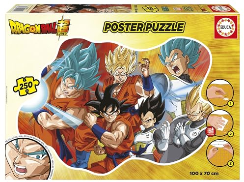 Educa - KinderPuzzle mit 250 Teile. Poster mit Einer bestimmten externen und großen Form: 100 x 70 cm | Dragon Ball. Beinhaltet die puzzlekleber FixPuzzle. Empfohlen für Kinder ab 8 Jahre (19965)