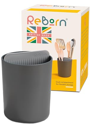 ReBorn - Recycled Utensil Holder - Kitchen Organiser - Two Sections Keeping Utensils Upright, Organised and Tidy - Easy Cleaning - Dishwasher Safe - Made in Britain (Dark Grey)