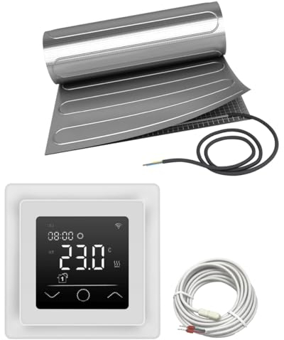 Elektrische Fußbodenheizung HoWaTech ALU für Laminat Parkett Vinyl Komplett Set TWIN Heizmatte 150 W/m² Touch Thermostat weiß, Heizfläche:15.00m²