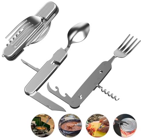 Couverts pliants en acier inoxydable 6 en 1 - Couverts de camping pliables - Couverts de camping 6 en 1 - Couteau, fourchette, cuillère, décapsuleur - Couverts de camp pour la randonnée et les voyages