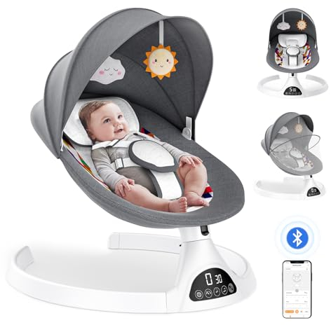 Babywippe Elektrisch Biebuxo Elektrische babyschaukel für Kinder bis 9 kg, mit Fernbedienung und kabellos, für App-Steuerung,5-Punkt-Sicherheitsgurt Grau