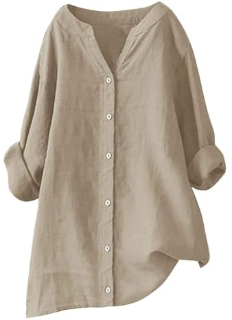 Yolimok Womens Tops Long Sleeve Shirt Cotton Linen Button Down Tshirts Summer Swing Plus Size Ladies Tops V Neck Roll Up Long Sleeve Blouses Tunic Tops Solid Color Elegant Oversized Tees S-5XL