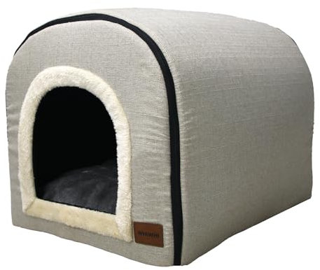 Whiwhi Katzenhöhle für Drinnen Katzen Höhlenbett mit Plüsch Katzenkissen Schlafhaus Haustierhaus Faltbares Hundehöhle 45x35x35cm(Braun)