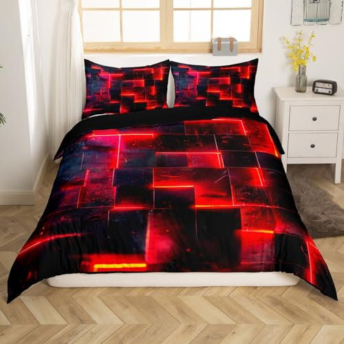 Schwarzes Rotes Abstraktes Komfortbezug Gradient Quadratisches Bett Set,Geometrie Gitter 220x240 Bettbezug Neon Karierte Bettwäsche Set für Leuchtende Plaid Bettdeckenbezug 3D Modernes Raumdekor
