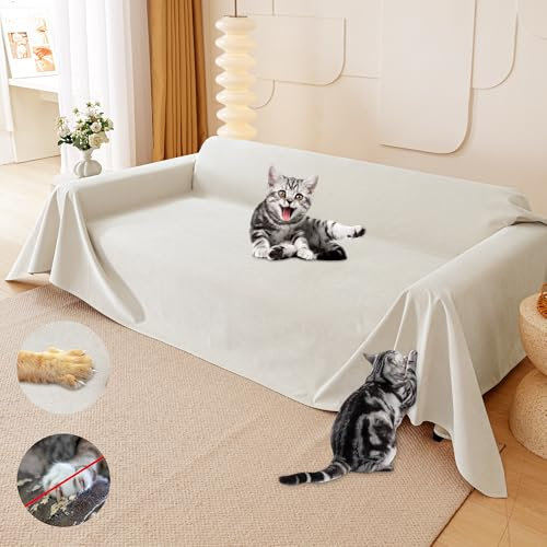 Loiion Kratzschutz Sofa Katze, Couch Katzenschutz, 3 Sitzer Sofaüberwürfe Loveseat Abdeckung, Sofabezug Wasserdicht Tierhaare, rutschfest für Haustiere Kinder Hund Katze Kratzer, Beige, 340x180cm