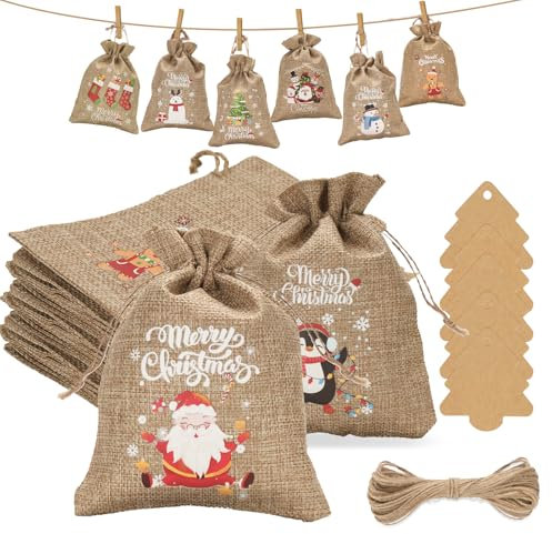 G2PLUS 24 Stück Adventskalender Jutesäckchen, 10 × 15CM Weihnachten Jutesäcke, Geschenke Jutebeutel mit Baumanhänger, Weihnachten Geschenksäckchen für Adventskalender, Weihnachtsbaum Deko