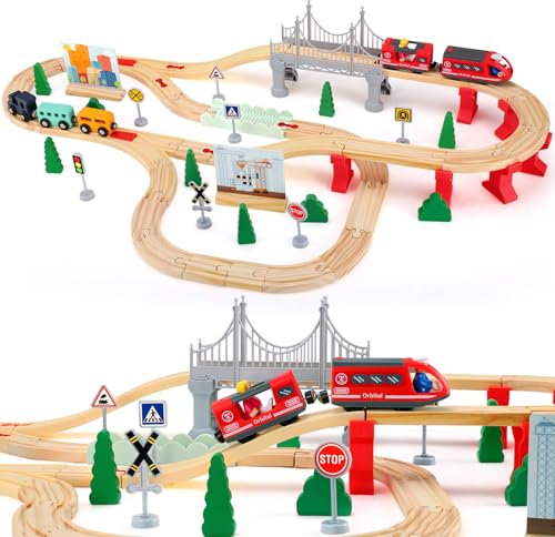 Brolteja Pista Treno in Legno, Trenino Elettrico per Bambini,72 pcs Giocattolo per ferrovia in legno per bambini,Regalo per Bambini di 3 4 5 6 Anni, regali per ragazze e ragazzi