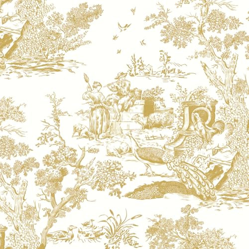 Yomshi Selbstklebende Tapete Vintage Weiß und Gold Wandtapete 41X300cm Klebefolie Baum und Tier Tapete Wasserdicht Wandschutzfolie Abnehmbar Vinyl Möbelfolie für Wohnzimmer Schlafzimmer Möbel