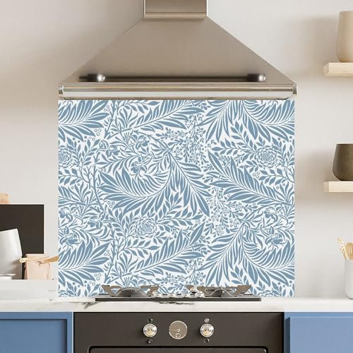 Toughened 6mm Glass Kitchen Splashback 90 x 75cm Blue Floral - Polished Edge Heat Resistant Back Splash for Cookers Hob