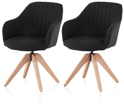 TUKAILAI Esszimmerstühle Drehbar 2er-Set aus Leinen, Drehstuhl Esszimmer mit Armlehnen Rückenlehne Massivholzbeine,Küchenstuhl Polsterstuhl Armlehnenstuhl für Wohnzimmer Küche Schlafzimmer, Schwarz