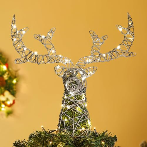 Lewondr Deer Tree Topper, Metal Christmas Tree Topper with 50 Warm Light Beads, Remote & USB Operated Tree Topper with Lights 6H Timer, Xmas Tree Decor for Holiday Home Decoration, Silver