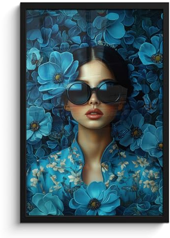 MuchoWow© Bilder mit Rahmen Poster Wanddekoration Wohnzimmer Deko Modern | 40x60 cm - Geschenke Bilderrahmen Frau - Blumen - Blau - Ästhetik - Luxus