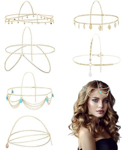 6 Stück Kopfschmuck, Kopfkette, Indischer Schmuck, Haarkette, Wahrsagerin Kostüm, Kopfschmuck Gold, Wahrsagerin, Wahrsagerin Kostüm Damen, Ägyptischer Schmuck