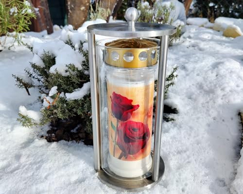 Grablaterne aus Edelstahl inkl. 7 Tage Kerze für Friedhof – Wetterfeste Grablampe, Grablicht, Grableuchte, Outdoor, Grabschmuck, mit Erdspieß oder Sockel aus Granit zur Befestigung (Zum Stellen)