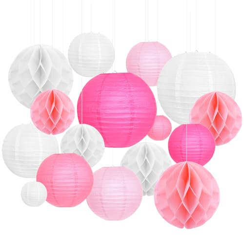 Lampions Party Deko Papierlampion Rosa Weiß16Stk Papier Laterne Wabenbälle Satz Papierlaterne Rund Hängende Papierlaternen Für Hochzeiten Braut Babyparty Geschlecht Reveal Geburtstage Dekoration