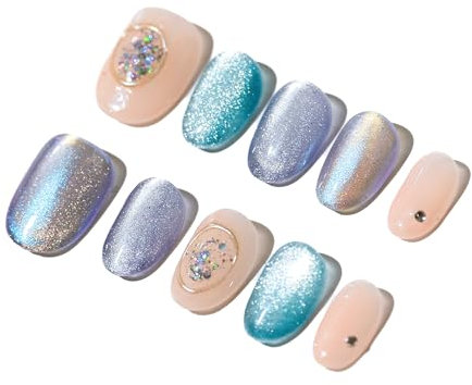 Sun&Beam Nails Handmade Press-on Short Round Blue Purple Gradation Magnet Minimalist Design Fashion False Nail Tips 10 Pcs Set (#219 XS)