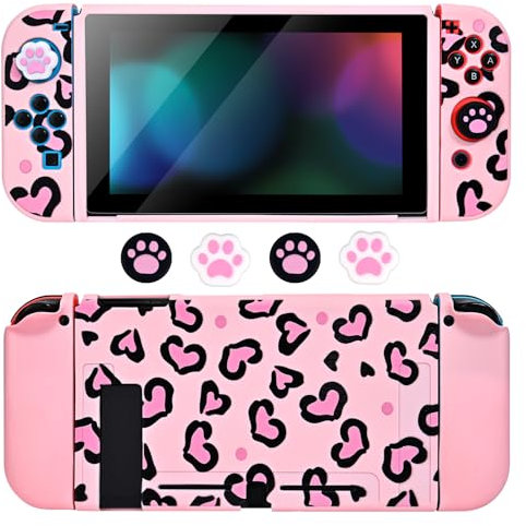 DLseego Custodia per Switch, Custodia Protettiva Morbida per Switch con Stampa a Forma di Cuore, 2 Gusci per Joycon e 4 Tappi per Impugnatura del Pollice dell' Switch,Switch Rosa
