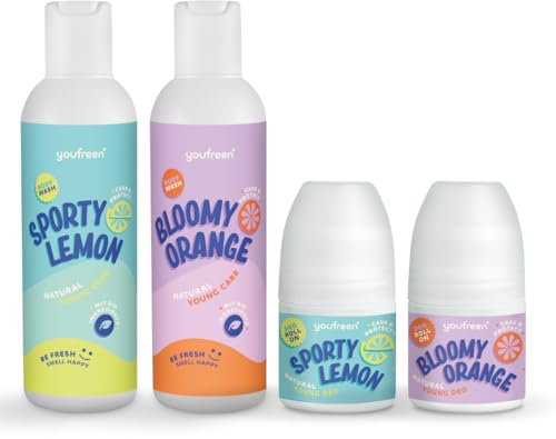 youfreen Happy-Routine-Set: Duschgel (2x200ml) und Deodorant (2x50ml) für Kinder & Teens/Deo für Kinder/Jungen & Mädchen/vegane Naturkosmetik/Bio-Aloe-Vera/Deoroller (Mix)