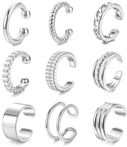 VerLuky 9 Stück Ear Cuff Set für Damen, Ohrklemme Silber, Clip on Ohrringe, Ohrklemme Set für Mehrere Piercings