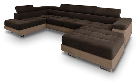Masseno Ecksofa CASONE L-S mit Schlaffunktion U-Form, Sofa mit Bettkasten, Wohnzimmersofa, Couch, Soffa, Bettsofa, Couchgarnitur- Braun, Monolith 29 + Monolith 09