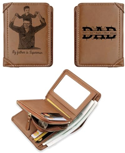 KOLOWKO Portefeuille Personnalisé pour Homme avec Fente pour Cartes - Portefeuille Gravée Trifold en Cuir avec Photo, Cadeaux pour Père Mari Fils
