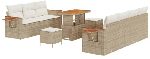 vidaXL 10-teiliges modulares Outdoor-Sofa-Set mit Kissen in Beige aus Poly-Rattan und Akazie, Tisch für Garten, Sitzmöbel, Terrasse, Lounge, Patio und Hinterhof