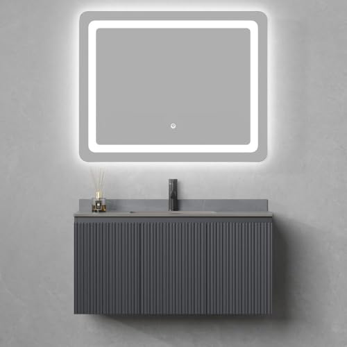ZIK - Mobile Bagno con Lavabo in Ceramica, Sospeso, con Specchio LED Touch Moderno, Lavandino Bagno con Mobiletto in Legno Cannettato e Ceramica, Mobile con Finiture Eleganti e 3 Ante, Lunghezza 100cm