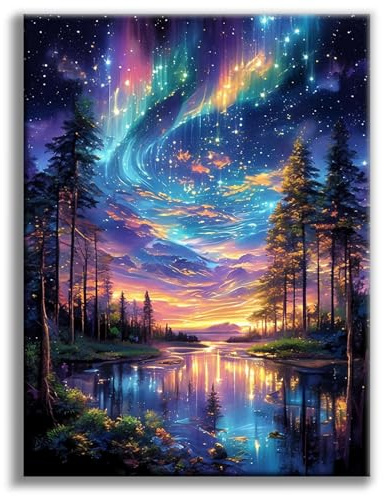 Diamond Painting 5D Aurora Sternenhimmel dem See, DIY Diamant Malerei Set für Erwachsene, Diamant Painting Bilder mit Strass Steinen, Geeignet für verschiedene Szenarien,Kreative Geschenke 30x40 cm