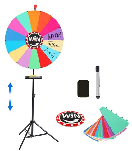 jackfru 61 cm Dreh-Glücksrad mit Zubehör & Ablage, Gesamthöhe 100-165 cm, Preisrad auf Stativ inkl. Marker & Wischer, 14 Farben – Glücksrad für Party, Event & Verkaufsförderung