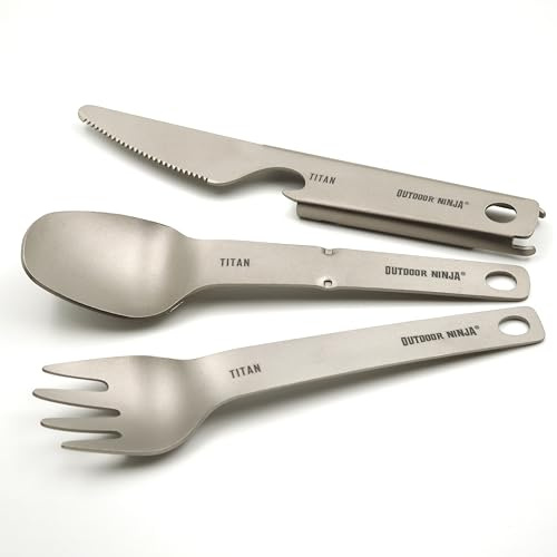 Titan Mini Besteckset Ultraleicht (39g): Löffel, Gabel, Messer & Öffner | Nachhaltige Plastik-Alternative; geschmacksneutral; extrem platzsparend und verstaubar in jedem kleinen Rucksack (EDC).