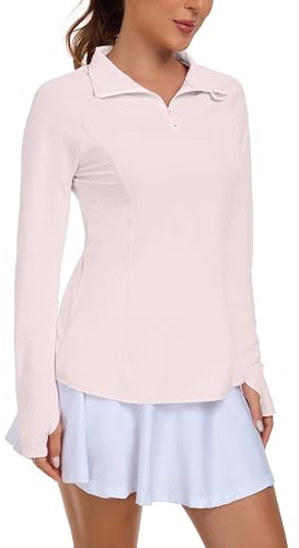 IWOLLENCE Running Top Womens UPF 50+ UV Loose Fit Ladies Golf Sports Tops Workout Gym Clothes Long Sleeve Rash Vest 1/4 Zip Activewear with Thumb Holes and Right Side Pocket
