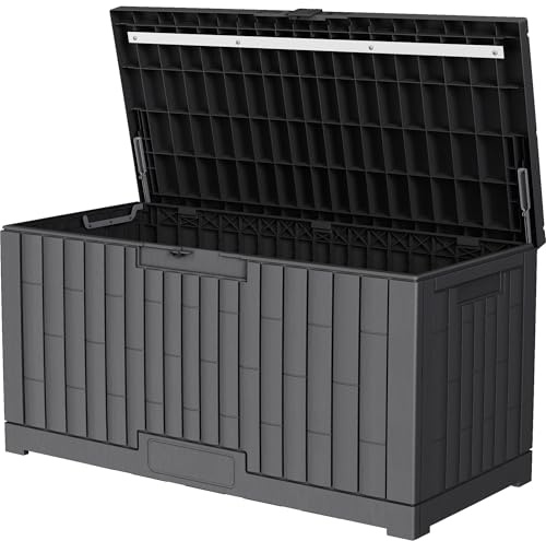 dobar® Gartentruhe aus Kunststoff 300 L - Witterungsbeständige Auflagenbox in Holzoptik - Abschließbare Gartenbox für Kissen, Polster und Zubehör - 117 x 45 x 56 cm - Anthrazit