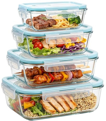 EASYSPEED Set di contenitori in vetro con coperchi – 4 pezzi – Senza BPA – Vetro borosilicato – Ermetici e a tenuta stagna – Resistenti al forno fino a 450°C – Adatti a microonde, freezer e lavastovi