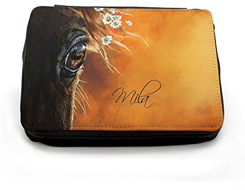 ilka parey wandtattoo-welt® Gefüllte Federtasche Pferd Stiftetasche Federmappe Federmäppchen Pferdeauge mit Blumen und Namen Wunschnamen fm119