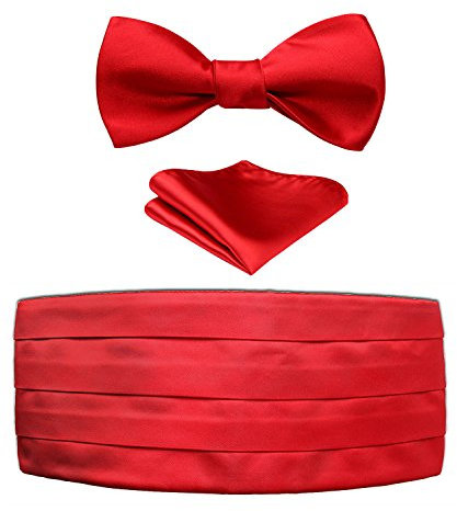 HISDERN Herren Kummerbund Rot mit Fliege und Einstecktuch Formelle Satin Einfarbig Kummerbunde für Männer, 3er Set Schärpe Verstellbar Band