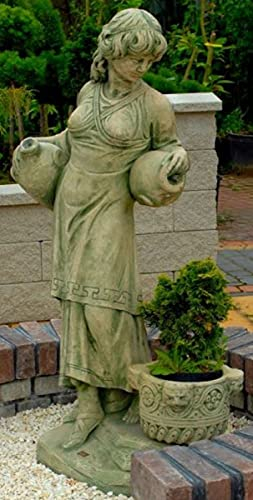 Casa Padrino Jugendstil Wasserspeier Skulptur Frau mit Krügen und dekorativem Blumentopf Grün/Beige 63 x 61 x H. 140 cm - Gartendeko Statue Steinfigur