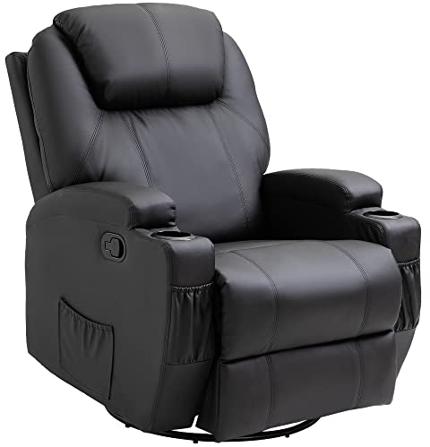 HOMCOM Recliner Chair, Recliner Massage Rocker Chair with 360° Rotate, 165° Reclining Function, Adjustable Footrest, Swivel Armchair Single Sofa for Living Room with Drink Holders, Side Pockets, Black