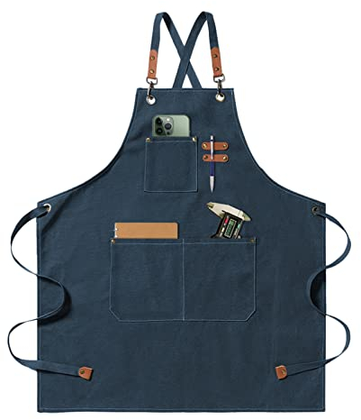 jiuzcare Delantal de Barbacoa 68x76cm con Correa Cruzada Ajustable Delantales de Cocina con 3 Bolsillos Delantale para Mujeres Hombres Masterchef para Jardinería Restaurante Barbacoa Hornear, Azul
