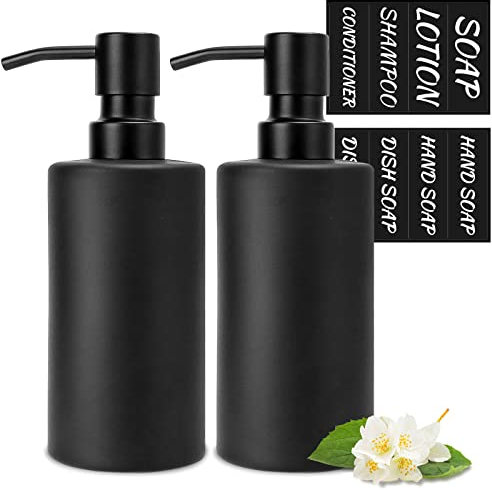 MIUSITE Seifenspender Schwarz matt mit Glatt Pumpe aus Edelstahl, 350ml Stilvoll Vintage Seifenspender Glas für Küchen und Bad,Mehrweg Seifenspender mit Etikett - 2 Stück