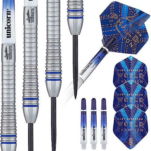 Unicorn Steel Tip Darts Set | Gary 'The Flying Scotsman' Anderson Phase 3, 5, 6 World Champion | 90% Natural Tungsten Barrels with Blue Accents | Presentation Packaging | 21g, 22g, 23g, 24g, 25g, 27g