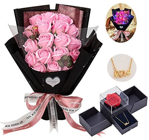 EIGHTOWN Roses Bouquet Fake Artificial Flower - Preserved Pink Flowers with Love Necklace for Her - Unique Gifts Valentine's Day, Mother's Day, Thanksgiving, Birthday, Anniversary…