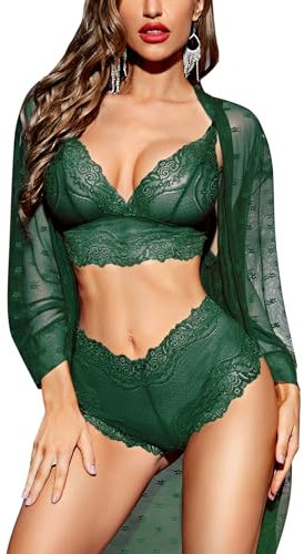 RSLOVE Sexy Lingerie for Women Lace Lingerie Set with Mesh Robe 3 Piece Set Sleepwear Nightwear Green Large