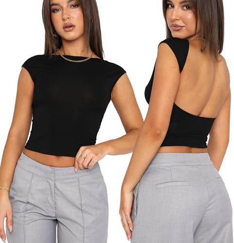 Sumvov Rückenfreies Oberteil Damen,Sexy Backless Y2k Top,2023 Sommer Crop Rücken Cut Out T-Shirt,Grunge Teenage Aesthetic Mädchen Outfits,S