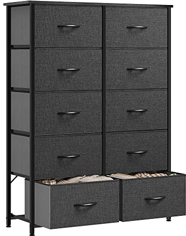 YITAHOME Kommode, Kommode mit 10 Schubladen, Stoffkommode für Schlafzimmer, Wohnzimmer, Schrank,Stabiler Stahlrahmen, Leicht zu Ziehen, Stoffkörbe und Holzoberfläche, Schwarzgrau
