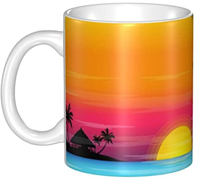 FJAUOQ Sunset Palm Tree Mugs, Coffee Mug with Printed Patterns, Personalized Ceramic Mugs for Residential Cafes, Mug with Ear Stems, Colorful Personalized Gifts, Pure Handmade Ceramics