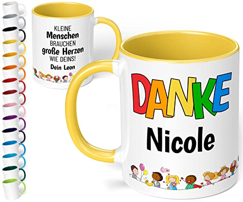 Kita Abschiedsgeschenk für Erzieherin: Kaffee-Tasse personalisiert mit Namen „Danke WUNSCHNAME – Kleine Menschen brauchen große Herzen wie Deins!“ - Dankeschön Kindergarten Krippe (Hellgelb)