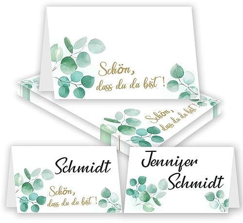 50 Stück Tischkarten Hochzeit Mit Schön Dass Du Da Bist Und Eukalyptus - Tischdeko Platzkarten für Konfirmation/Kommunion/Taufe/Geburtstag - Namensschilder Karte Sitzplan