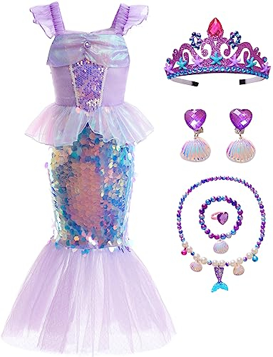 IWFREE Meerjungfrau Kostüm mit Krone Mädchen Verkleidung Ariel Prinzessin Festkleid und Zubehör Ohrringe Halskette Armband Ring Anzug für Halloween Karneval Geburtstag Party Cosplay Ballkleid Outfit